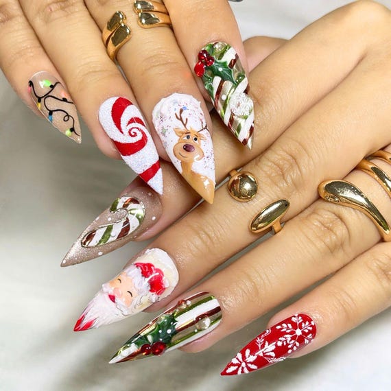 Christmas Press on Nails, 3D Santa Reindeer Candy Cane Nails