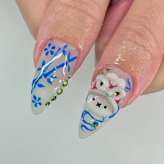 Long Almond Nail Set With Cute Miffy, Peach Blossom, Lantern
