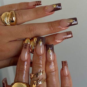 Unique Fall Nails Press On Nails, Hand-painted French Tips Nails with Charm for Autumn Lover, Freestyle Y2K Nails, Gel Nail, Holiday Nails.