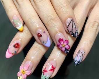 Hand-Painted Floral Butterfly Press On Nails, Almomd Nail Set with 3D Flower, Ladybug, Nature Inspired Fake Nails, Spring Summer Gift Idea