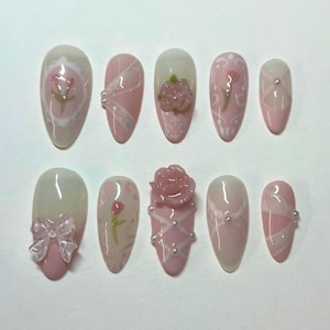 Dreamy Pink Press On Nails, Romantic Almond Fake Nail Art with Bows, Flower, Valentine Nails, 3D Floral Press On Nails, Gift for her