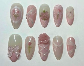 Dreamy Pink Press On Nails, Romantic Almond Fake Nail Art with Bows, Flower, Valentine Nails, 3D Floral Press On Nails, Gift for her