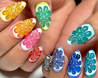 Colorful Citrus Almond Press On Nails, Fresh Fruit Fake Nails for Summer Lover, Flower Press On, Spring-Summer Nail Art, Holiday Nails, Gift