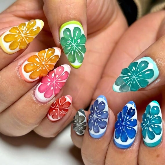 ハンドメイド プレスオンネイル カラフル Colorful Citrus Almond Press on Nails, Fresh Fruit Fake Nails for