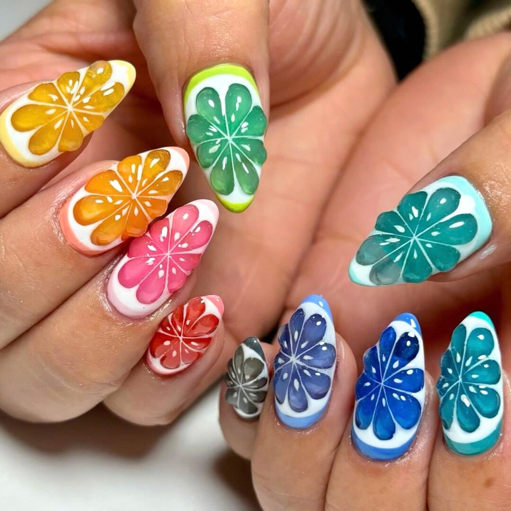 Colorful Citrus Almond Press on Nails, Fresh Fruit Fake Nails for