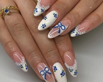 Blue Floral Bow Almond Press On Nails, Lace French Tip Handmade Nails, Cute Cottagecore Pearl Accent Nail Art, Bridal Gift Set, Party Nails.