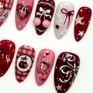 Nails, DIY Nails, Nails Art, fake nails, false nails, Acrylic Nails, Valentine nails, valentine press on nails, heart nails. pink nails, hello kitty nail set, nails, press on nails, Betty Boop, Red nails, Red press on nails