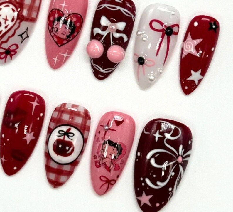 Nails, DIY Nails, Nails Art, fake nails, false nails, Acrylic Nails, Valentine nails, valentine press on nails, heart nails. pink nails, hello kitty nail set, nails, press on nails, Betty Boop, Red nails, Red press on nails