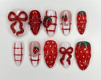 Sweet Valentine Press On Nails, Handmade Acrylic Fake Nail Art with Strawberry, Flower, Red Almond Nail Set, Valentine Nail Gift, Party Nail