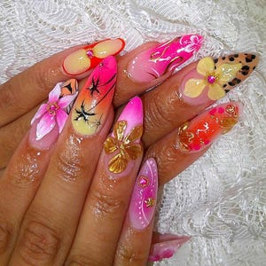 Handmade Colorful Floral 3D Nail Art Set, Ombre Summer Press On Nails with Tropical Flowers, Glitter & Unique Artisan Design, Party Nails.