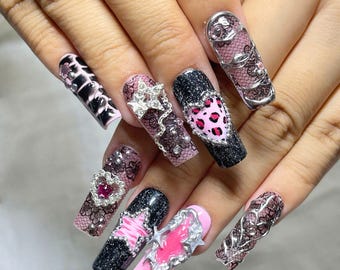 Y2K Glam Rockstar Press On Nails | Pink & Black Coquette Nails | 3D Star Heart Charms | Long Coffin Nails | Handmade Custom Design