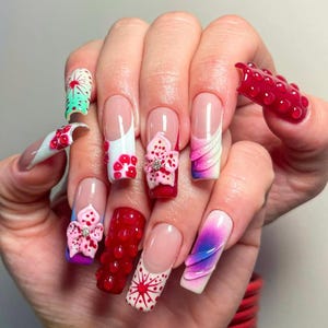 Colorful 3D Flowers Press On Nails, French Tips Nail, Custom 3D Flower Square Fake Nail, Unique Nail Art, Long-Lasting Vibrant Acrylic Nails