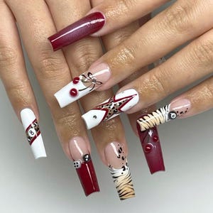 Billiards Pool Themed Press On Nails, Red White Animal Print Long Nails, 3D Dice & 8 Ball Nail Art, Handmade Unique Nail Set, Casino Nails.