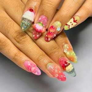 Unique Kawaii Ice Cream Press On Nails, Almond Nail Art with 3D Charms, Pastel Sweets & Fruity, Cute, Playful Summer Nail for Dessert Lovers