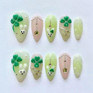 Four Leaf Clover Press On Nails, Lucky Almond Nail Set, Cute Miffy Nail Art, Kawaii Nails, Bunny Nails, 3D Gel Nails, Custom Fake Nail, Gift