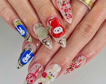 Long Almond Nail Set With Cute Miffy, Peach Blossom, Lantern