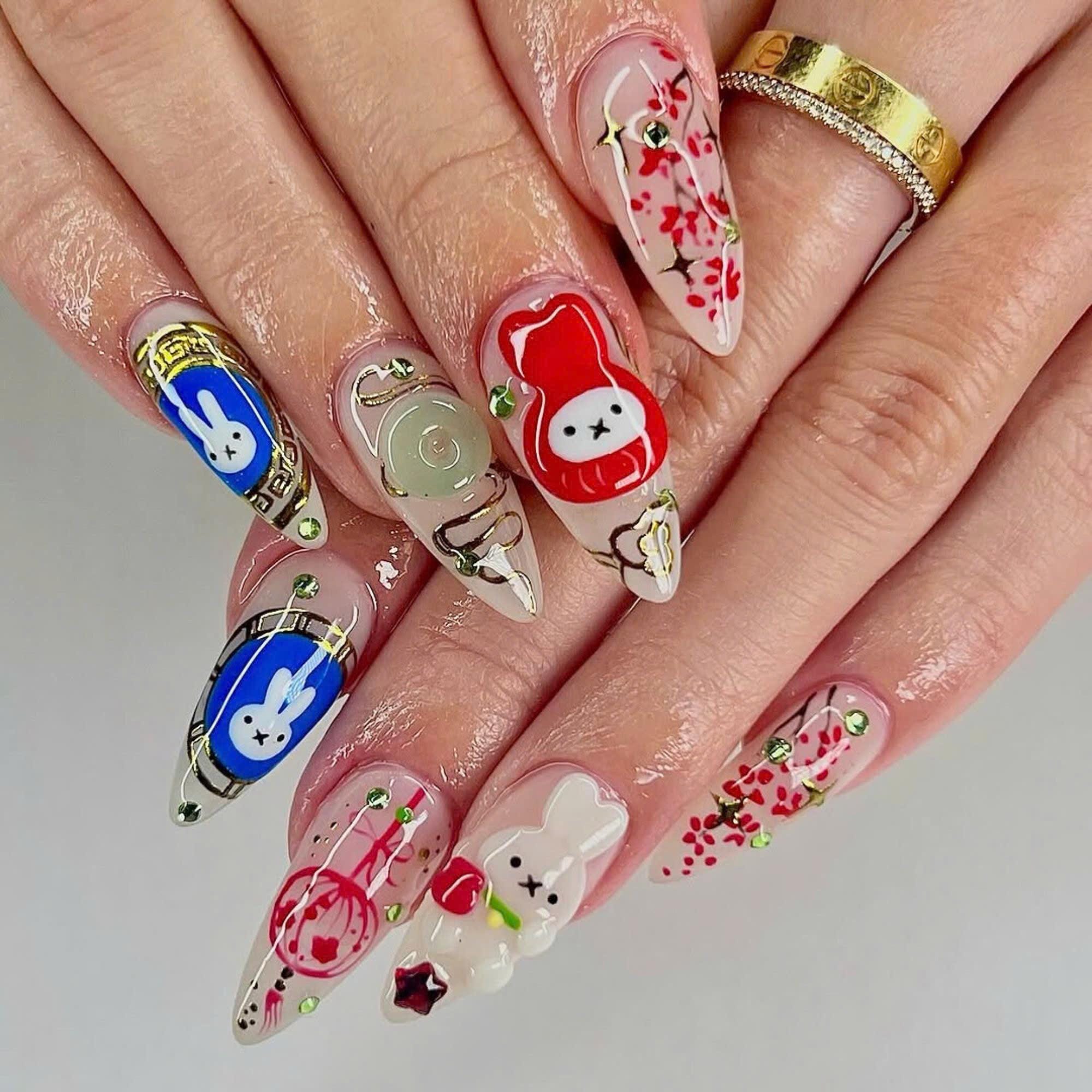 Long Almond Nail Set With Cute Miffy, Peach Blossom, Lantern