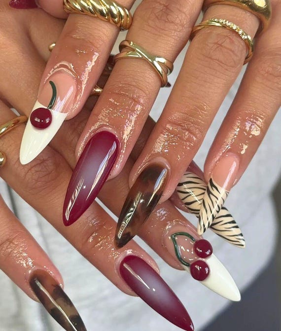 Brown Nails Freestyle Press On Nails, Long Nails with French Tips, Zebra Printed, Gel Nail, Holiday Nails, Birthday Nails, Autumn Nail Set.