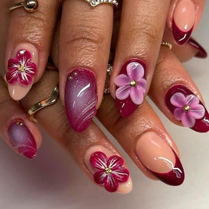Burgundy Press On Nails with 3D Flower Art, Handmade Floral French Tips, Elegant Gradient Pink Nail Set for Spring or Wedding, Short Nails.
