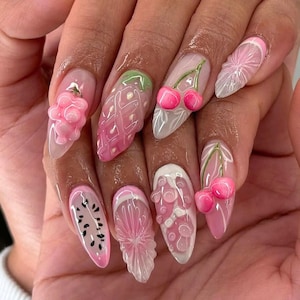 Sweet Fruit Lover Press On Nails, Unique Summer Nail Set With Cherry, Strawberry, Custom Fake Nails, Holiday, Pink Nails, Party Nails, Gifts