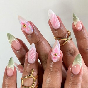 Spring Inspired Nail Press On, 3D Flower, Custom Fake Acrylic Nails, French Tips Nails, Long Lasting Nail Art, Holiday Nails, Reusable Nails