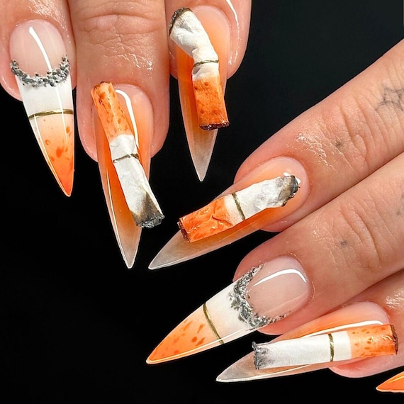 tobacco nails Half-smoked Cigarette Long Stiletto Press on Nails, Custom Hand Painted  Fake Acrylic Nails, False Nail, Unique Floral Nails, Chrome Nail Art