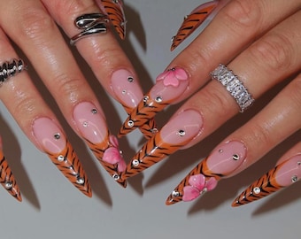 Orange Brown French Tips and Flower and Nail, Press On Nails with Zebra Print Design, Long Nails, Unique Fake Acrylic Press On, Autumn Nails
