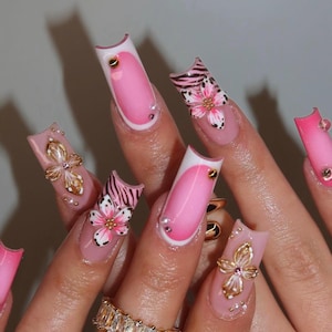 Freestyle with Flower, Zebra Print Press On Nails, 3D Gel Nails, Pink Nails, Custom Nail Art, Holiday Nails, Nail Designs, Unique Nail Set.
