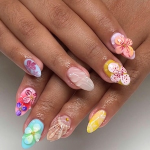 Luxury Orchid Garden Press-On Nails, 3D Floral Design Nail Art, Crystal Butterfly Nails, Spring Nails, Dreamy Nails, Custom Fake/False Nails