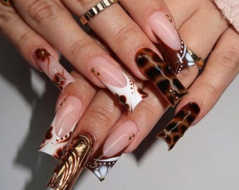 Autumn Press On Nail, Vibrant Long Square Nail Set with Flower, Tortoise Shell, French Tips Nail, Brown Fake Nail Art for Holiday Party Nail
