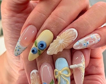 Blueberry, Lemon Press On Nails, Long Almond Nail with Lace French Tip, Cute Cottagecore Pearl Accent Nail Art, Bridal Gift Set, Party Nails