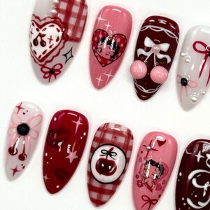 Nails, DIY Nails, Nails Art, fake nails, false nails, Acrylic Nails, Valentine nails, valentine press on nails, heart nails. pink nails, hello kitty nail set, nails, press on nails, Betty Boop, Red nails, Red press on nails