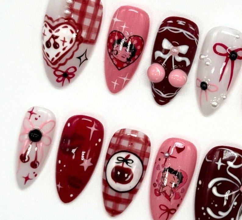 Nails, DIY Nails, Nails Art, fake nails, false nails, Acrylic Nails, Valentine nails, valentine press on nails, heart nails. pink nails, hello kitty nail set, nails, press on nails, Betty Boop, Red nails, Red press on nails