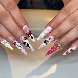 Birthday Themed Press On Nail, Birthday Nail, Long Almond Nail with Strawberry, Cake, Whimsical Nail Set French Tips Nail, Party Nail, Gift
