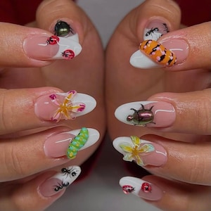 I Love Insects Press On Nails, Summer Holiday Fake Nails, Flower Nail, 3D Nail, Handmade Fake Nails, Custom Fake Acrylic Nail, Gift for Her.