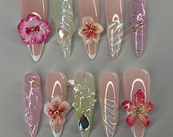 Orchidee auf den Nägeln drücken, Luxus Lange Stiletto Nagel-Set mit Blume, Sommer Nägel, Urlaub Nägel, Einzigartige Nägel, Kleber auf den Nägeln, Trendige Nägel