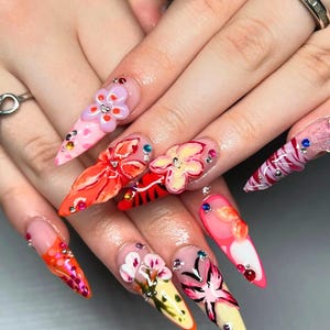 Crystal Flower Garden Press On Nails, 3D Flower Stiletto Fake Nails, Spring Nails, Airbrush Nails, Vibrant Acrylic Nails, Fairy talse Nails