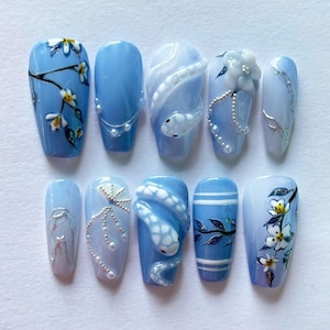 Asian Inspired Nail Art with Snake, Flower, Jade, 3D Snake Press On Nails, Wild Natural Nail Set, Carnival Fake Nails, Blue Nail Set Gifts.
