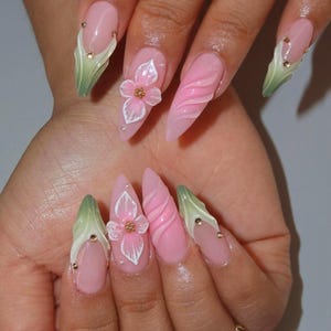 3D Flower with French Tips Stiletto Press On Nails, 3D Gel Nails, Pink Nails, Custom Nail Art, Holiday Nails, Nail Designs, Trendy Fake Nail