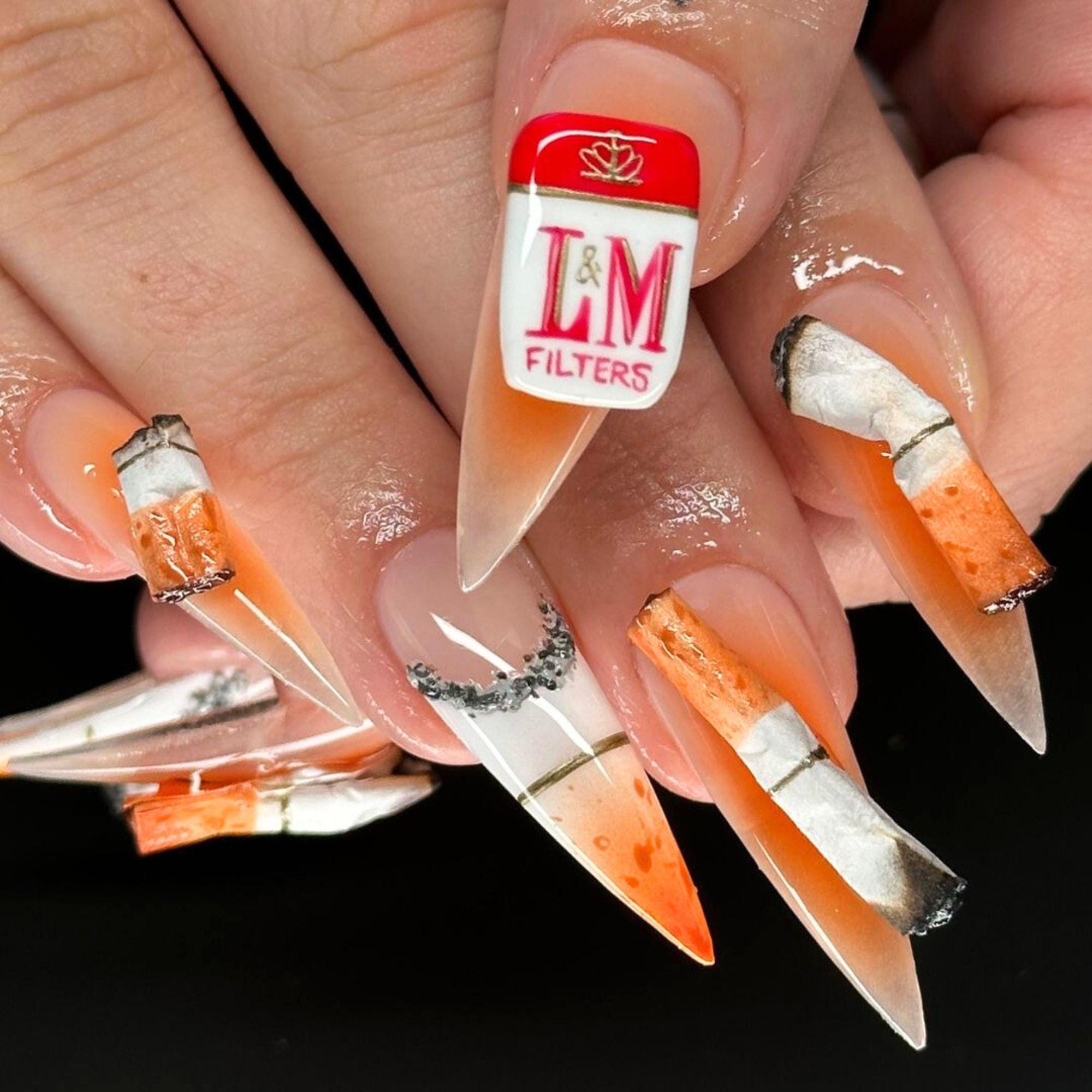 nails cigarettes Half-smoked Cigarette Long Stiletto Press on Nails, Custom Hand Painted  Fake Acrylic Nails, False Nail, Unique Floral Nails, Chrome Nail Art