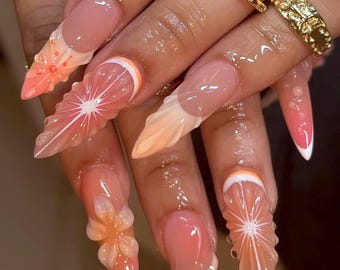 Pink Grapefruit Long Stiletto Press On Nails, Fresh Fruit Fake Nails for Summer Lover, Flower Press On, Spring-Summer Nail Art, Holiday Nail