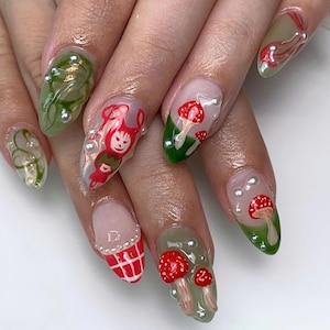 Handmade 3D Mushroom Press-On Nails, Almond Nail Set, Spring Nail Art, Trendy Cartoon Nails, Perfect for a Party/Holiday, French Tips Nails.