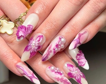 Handmade 3D Purple Flower Press On Nails with Pearls, Elegant Long Stiletto Nail Art for Special Occasion, Unique Spring Nail Set, Nail Gift