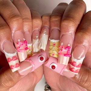 Cute Custom Birthday Age Press On Nail, Long Square Nails with Cherry, Cake, French Tips Nail, Birthday Nail, Party Nail, Birthday Age Nails