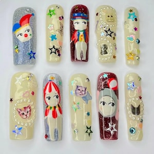 Hand-painted Cartoon Press-On Nails, Fake Nail with Stunning Animal Designs for a Bold and Unique Look, Fantasy Nails, Colorful Anime Nails.