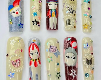 Hand-painted Cartoon Press-On Nails, Fake Nail with Stunning Animal Designs for a Bold and Unique Look, Fantasy Nails, Colorful Anime Nails.