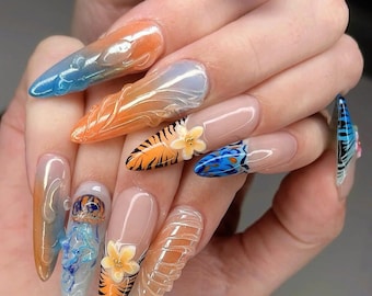 Summer Ocean Press On Nails, Long Colorful Tropical Vacation Nails Set, 3D Beach Nail Art with Flowers & Jellyfish, Summer Holiday Nails.