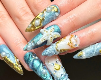 Ocean Mermaid Press On Nails, Long Stiletto Nails with 3D Starfish, Pearl, Shell Nail Art, Custom Beach Theme Nais, Blue Coastal Summer Nail