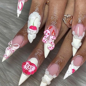 Cute Custom Birthday Age Press On Nail, Birthday Nail, Long Stiletto Nail with Cherry, Cake, Birthday Age Nail, French Tips Nail, Party Nail