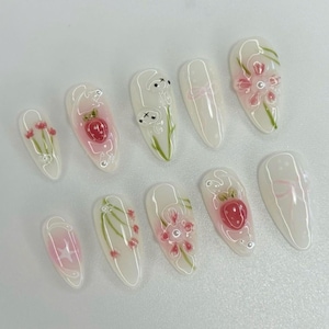 Glitter Flower and Strawberry Nails, Wedding Nails, Free Style Press On Nail, Pink Nail, Handmade Fake Nail, Summer Spring Y2K Press On Nail